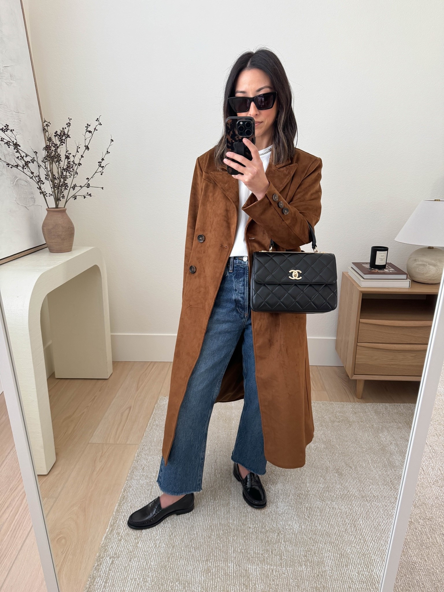 Casual work outfit idea. 

Anthrpologie trench petite xs (old)
Madewell tee xs
AGOLDE jeans 25, cut hems
J.Crew loafers 5
Chanel Trendy cc small
YSL sunglasses
Dorsey James Necklace 15"

#LTKOver40 #LTKPetite #LTKWorkwear