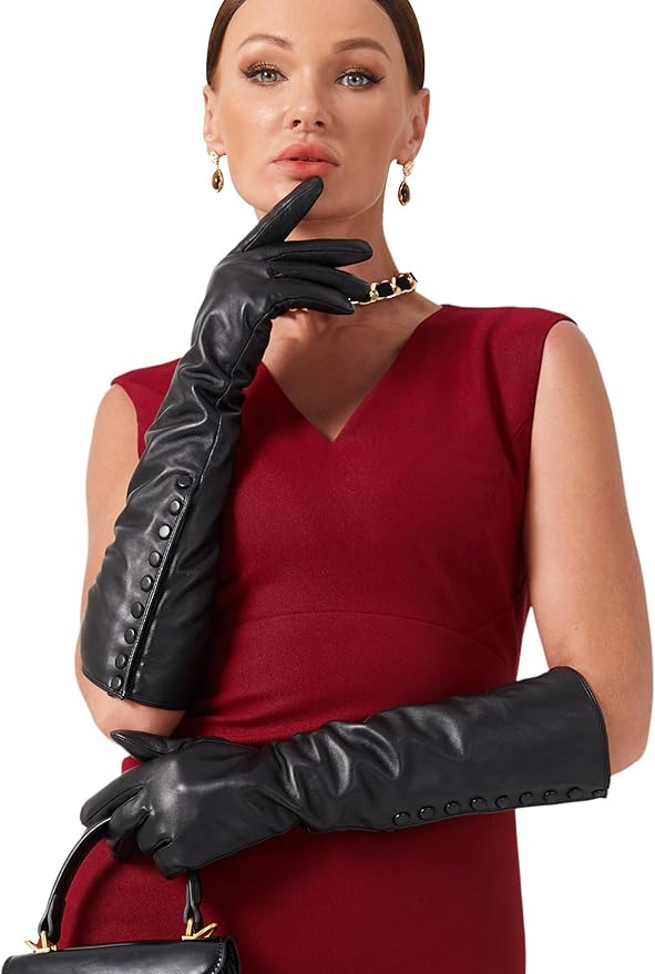 VIKIDEER Side Button Long Leather Gloves for Women with Plush Lining Warm Elegant for Evening Ope... | Amazon (US)
