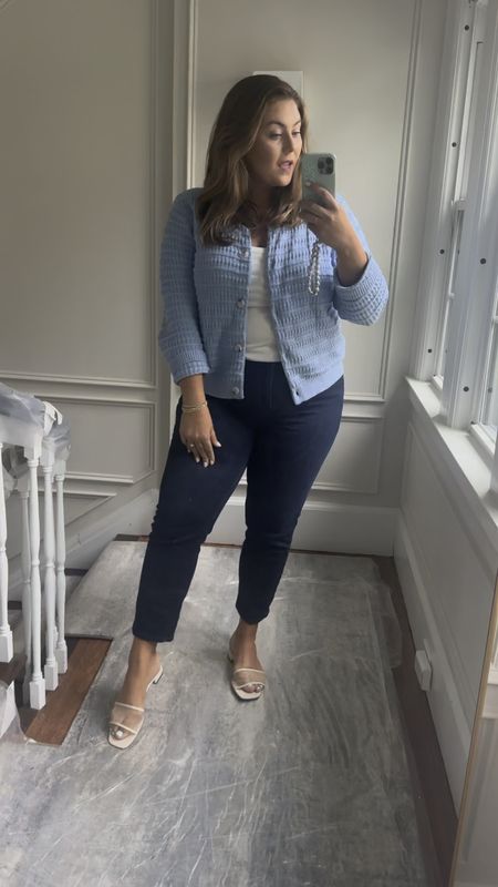 Work wear outfit! Perfect work from home outfit, taking you from office to lunch out 💫 wearing size XL in sweater (runs generous, could have sized down to L), 1X in tank (use CARALYN10) & size 15 plus in jeans. 

#LTKWorkwear #LTKStyleTip #LTKMidsize