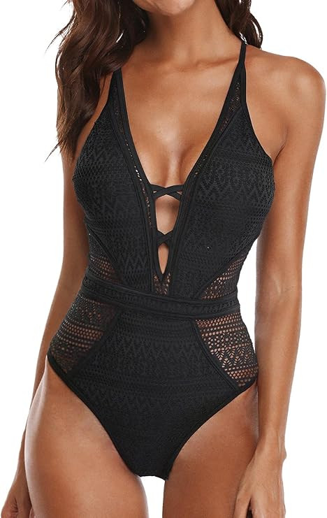 SOCIALA Women's Crochet One Piece Swimsuits V Neck High Waist Bathing Suit Sexy Hollow Monokini S... | Amazon (US)