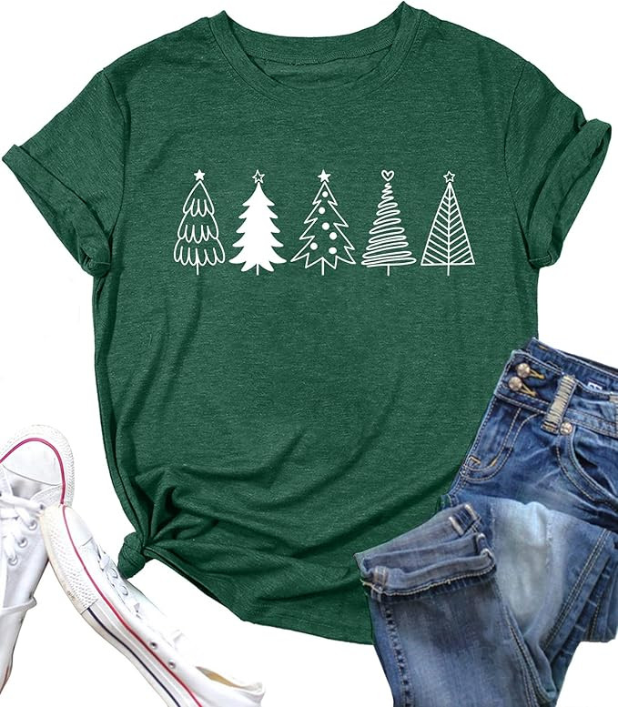 Christmas Tree Shirts for Women Christmas Tshirts Xmas Short Sleeve Graphic Tees Casual Holiday S... | Amazon (US)