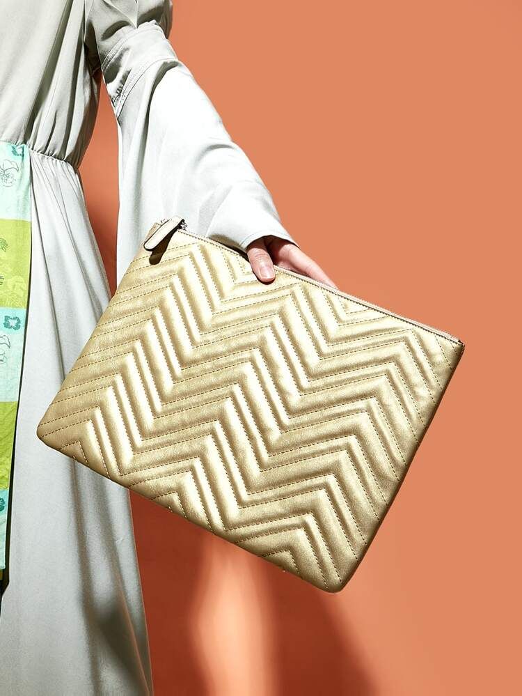 Solid Chevron Quilted Clutch Bag | SHEIN