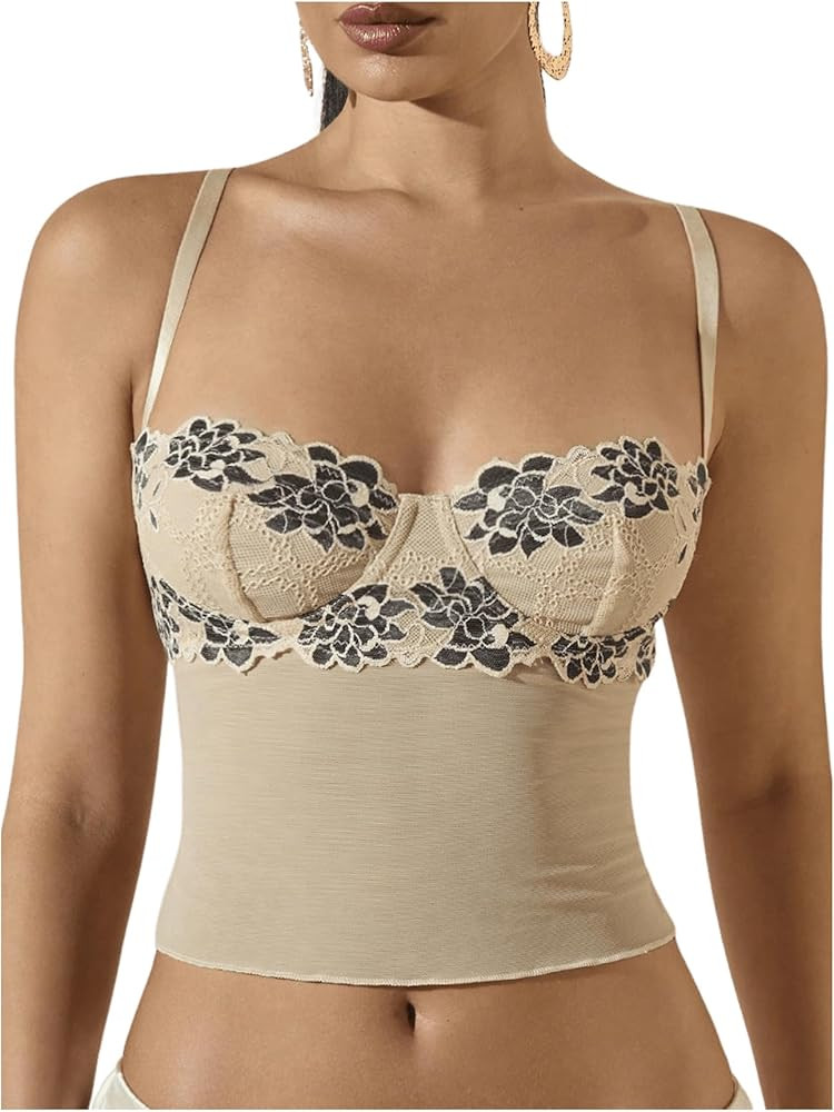 WDIRARA Women's Low Cut Sexy Going Out Lace Bustier Corset Top | Amazon (US)