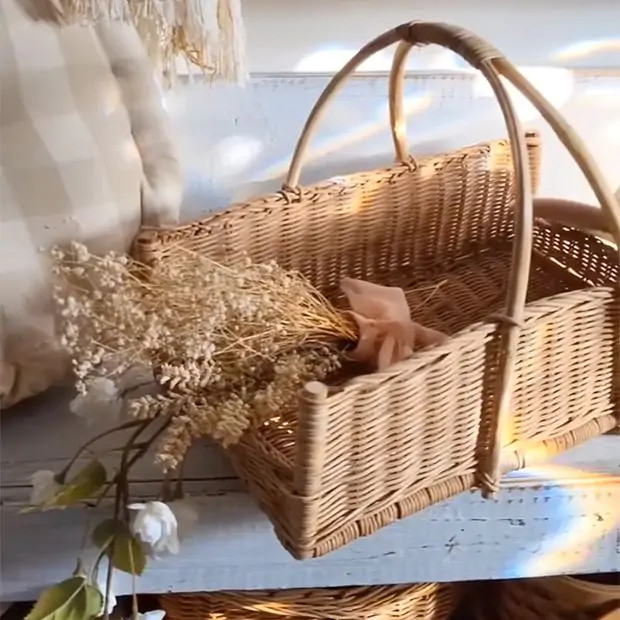 Large Handled Natural Rattan Display Basket | Antique Farm House