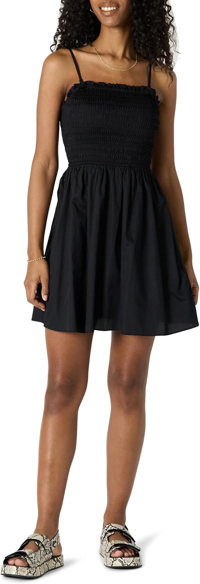 Amazon Essentials Women's Regular-Fit Cotton Sateen Smocked Bodice Short Dress | Amazon (US)