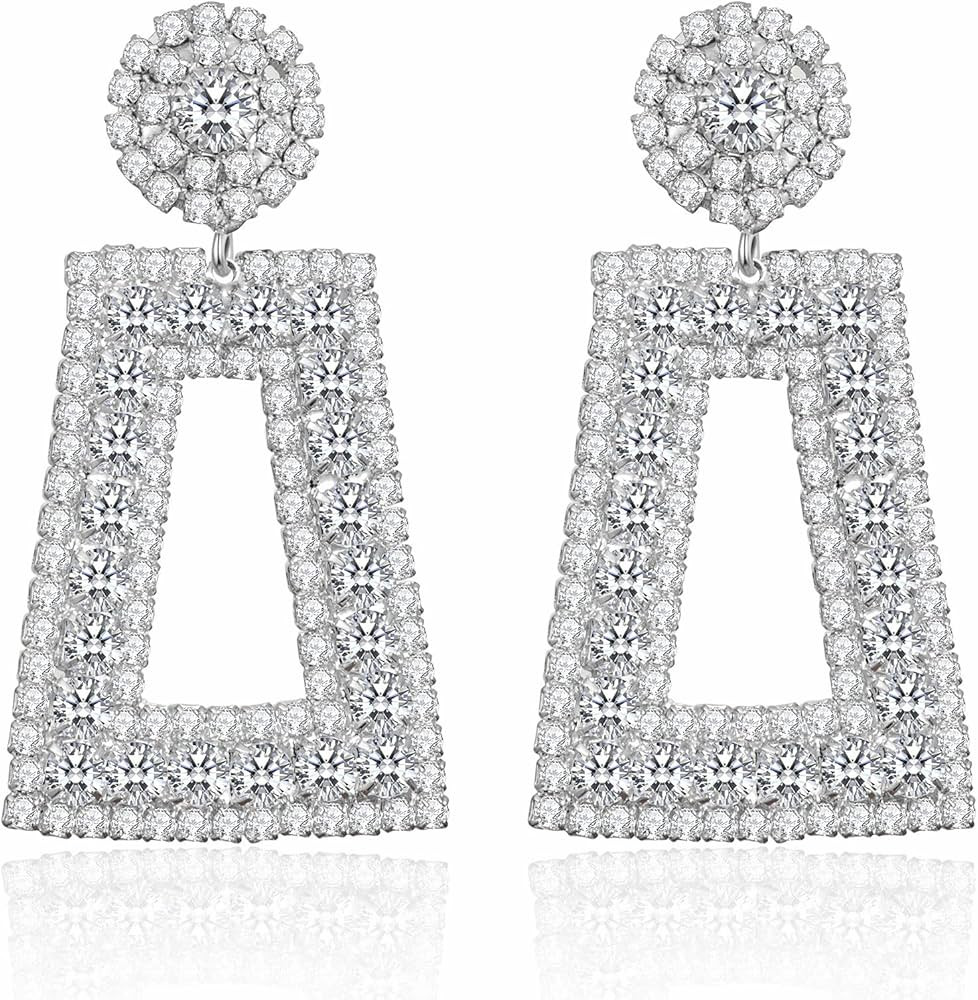 ATIMIGO Statement Drop Earrings Large Metal Rectangle Geometric Dangle Earrings Silver/Gold for W... | Amazon (US)