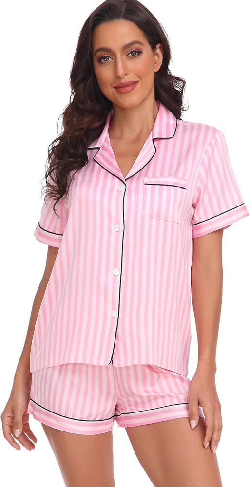 Serenedelicacy Women's Satin Pajama Set 2-Piece Sleepwear Loungewear Button Down Short Sleeve PJ ... | Amazon (US)