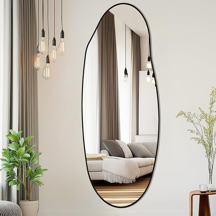 Irregular Wall Mirror 63\u00d724, Black Asymmetrical Bathroom Mirror, Oval Aesthetic Mirror, Full... | Amazon (US)