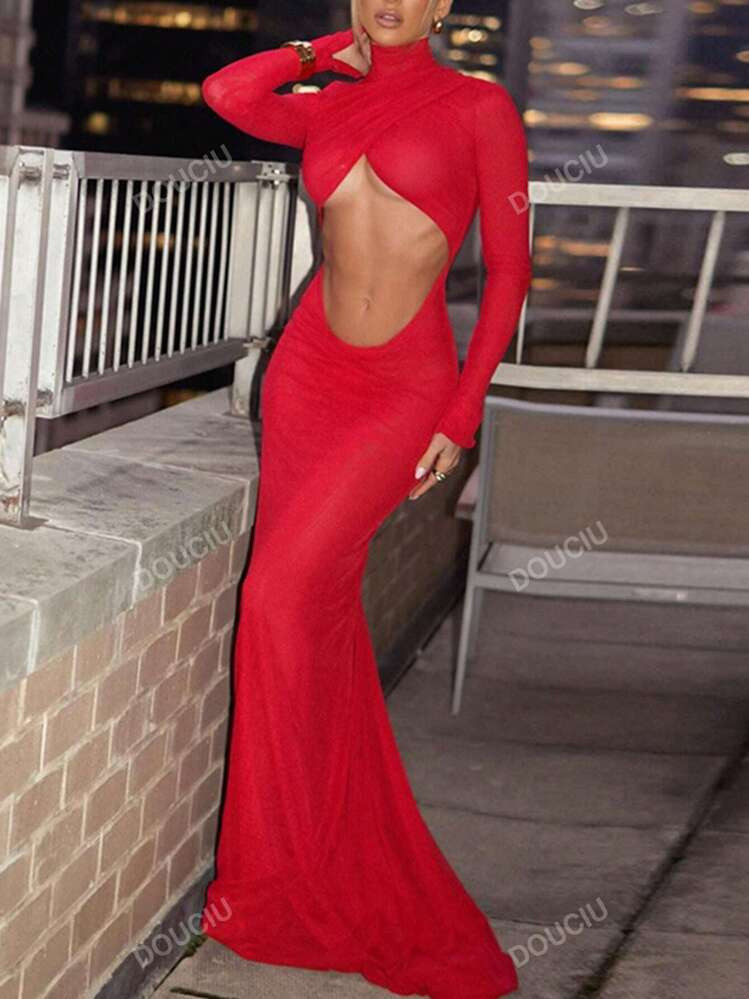 Solid Color High Neck Hollow Out Fish Tail Hem Dress | SHEIN