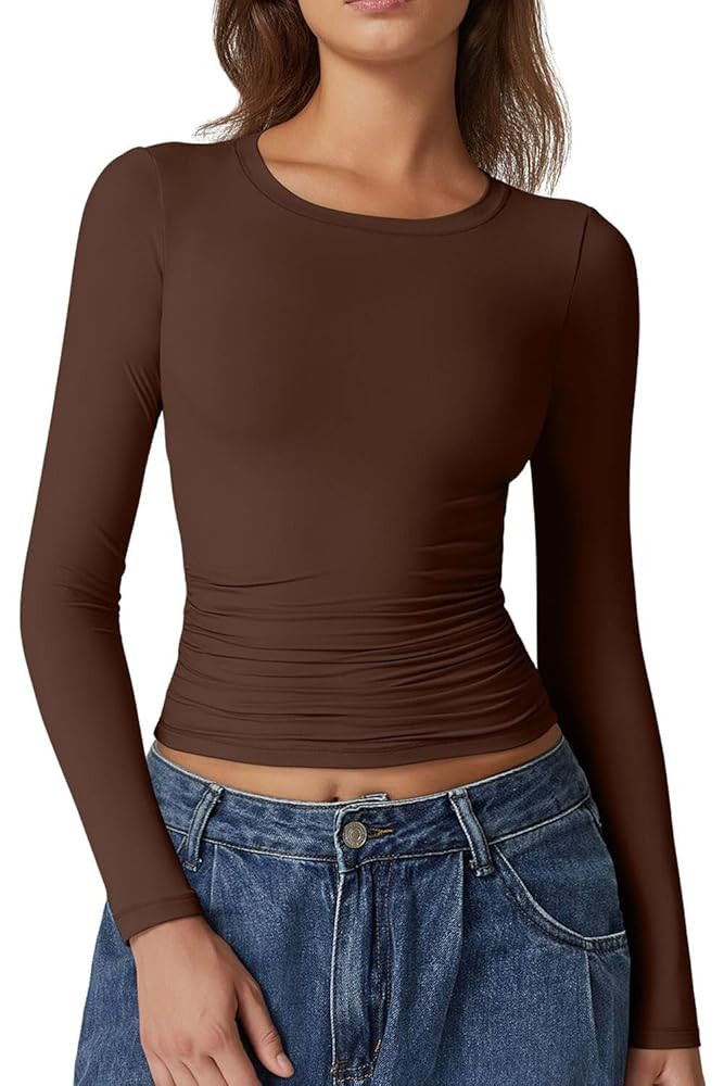 QINSEN Womens Crewneck Long Sleeve Shirt Double Lined Basic Tees Side Ruched Going Out Crop Tops | Amazon (US)