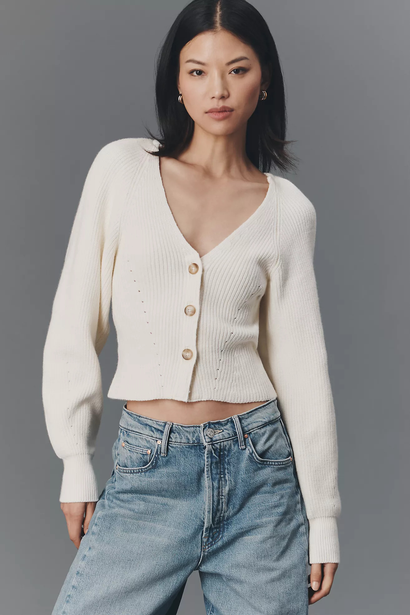 Pilcro Puff-Sleeve V-Neck Cardigan Sweater | Anthropologie (US)