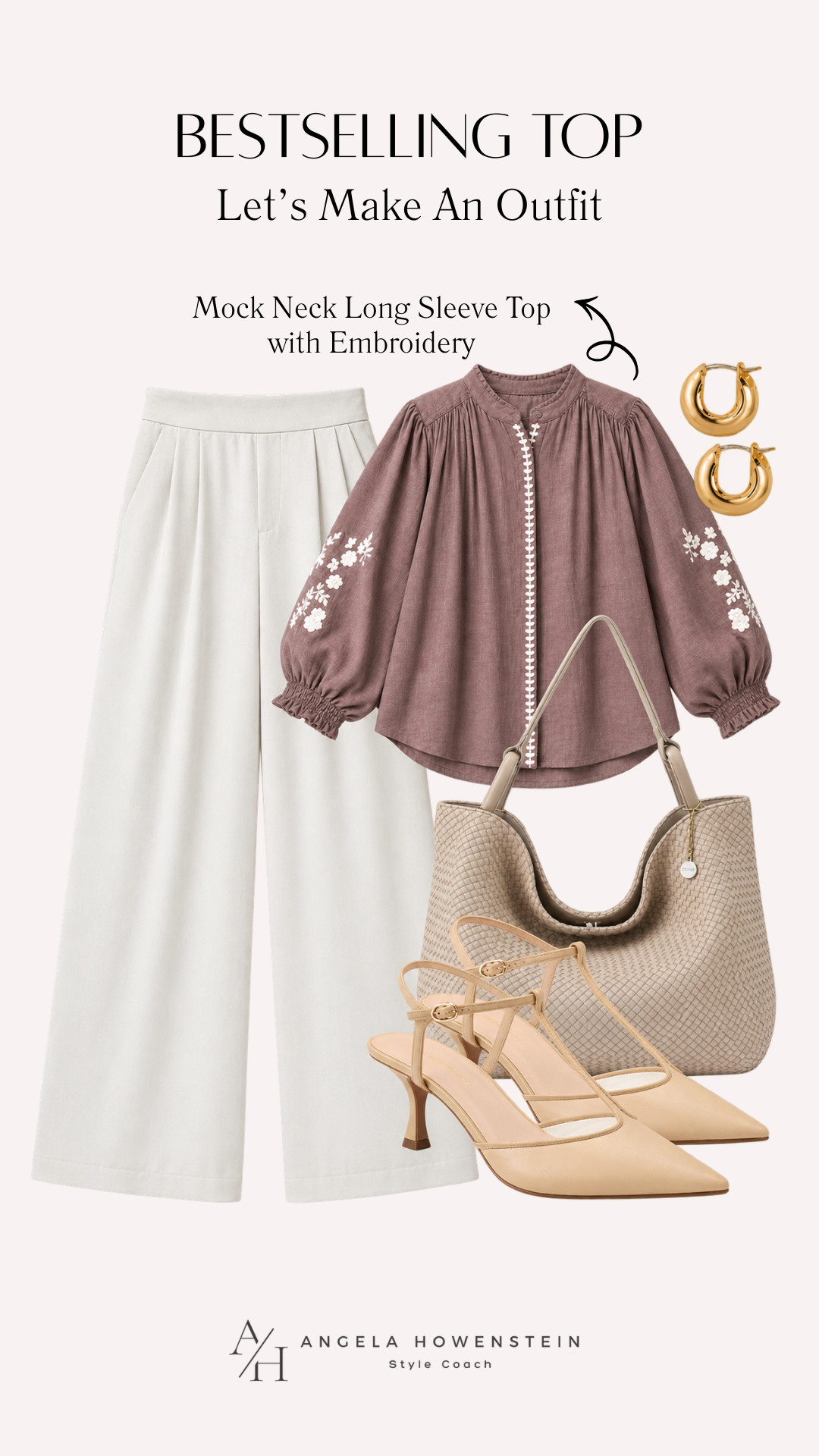 A bestselling top is always worth styling more than one way, and this look is proof. 🤎

This embroidered mock neck blouse pairs beautifully with cream wide-leg trousers, neutral accessories, and elegant slingback heels for a polished outfit that works for lunch dates, the office, brunch, dinner, or special occasions. These timeless pieces will stay in your wardrobe for years to come.

👩‍💻 LTK PRO TIPS
❤️ Heart = Support my posts ;-)
🔖 Save = Get sale & restock alerts for the things you love!
📋 Lists = Keep favorites organized.
📲 Share = Send lists and products to a friend.
💬 Comment = Ask me anything, and I'll answer. ;-) 

 #LTKootd #LTKSeasonal #LTKOver40