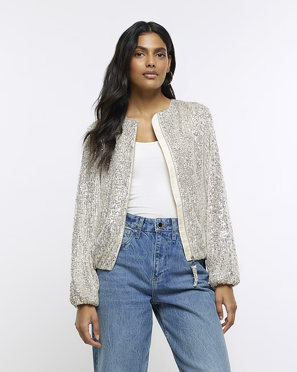 Silver sequin zip up bomber jacket | River Island (UK & IE)