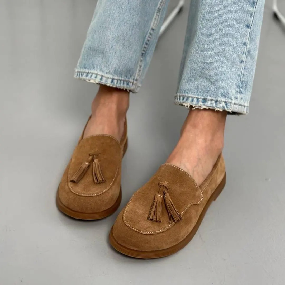 Women's Brown Suede Loafers With Tassels, Wide Round Toe Slip-on Flats, Soft Casual Everyday Shoe... | Etsy (US)