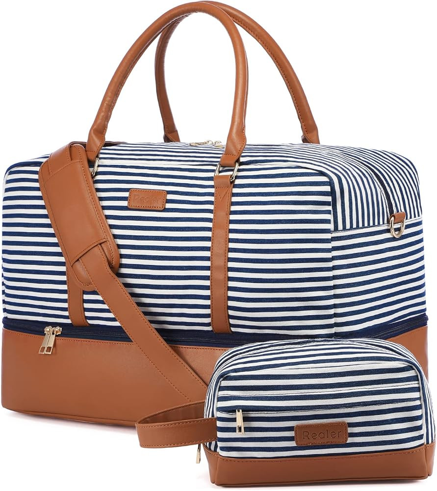 Realer Canvas Weekender Bag, Womens Overnight Bag Carryon Weekend Travel Duffel Tote with Shoe Compa | Amazon (US)