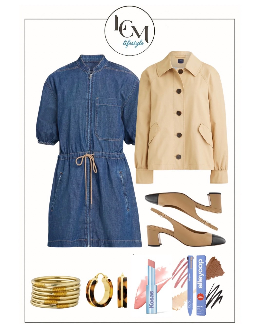 An easy outfit formula I reach for again and again: a denim dress + classic camel layers. 🤍

This lightweight jacket is one of those pieces that instantly pulls a look together, and the cap-toe slingbacks give it that timeless, polished feel. Finished with gold stacks, tortoise hoops, and a few everyday beauty favorites.

Everything is linked for you here, plus a few alternatives. LTKStyle #ClassicStyle #EverydayChic #SpringStyle #LCMLifestyle