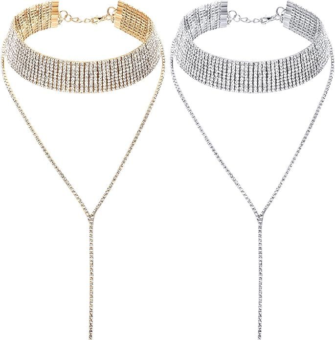 meekoo 2 Pieces Rhinestone Tassel Choker Necklace Multi-Layer Wide Collar Necklaces Tassel Chain ... | Amazon (US)