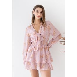 Tie-Knot Front Floral Chiffon Mini Dress in Pink | Chicwish