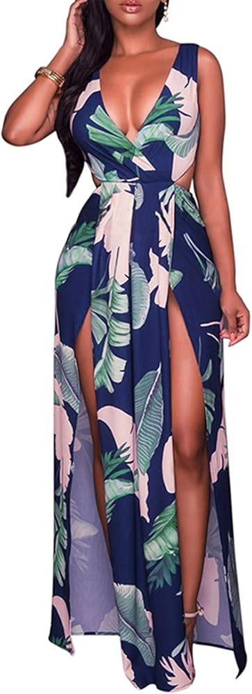 Meenew Women's Floral Summer Maxi Flowy Dress High Slit Boho Long Vacation Dress | Amazon (US)