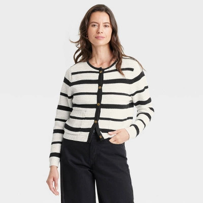 Women's Button-Front Cardigan - Universal Thread™ Cream/Black Striped M: Cotton Knit, Textured Stitching | Target