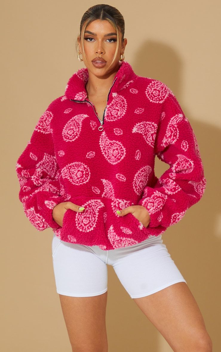 Bright Pink Paisley Print Teddy Jacket | PrettyLittleThing US
