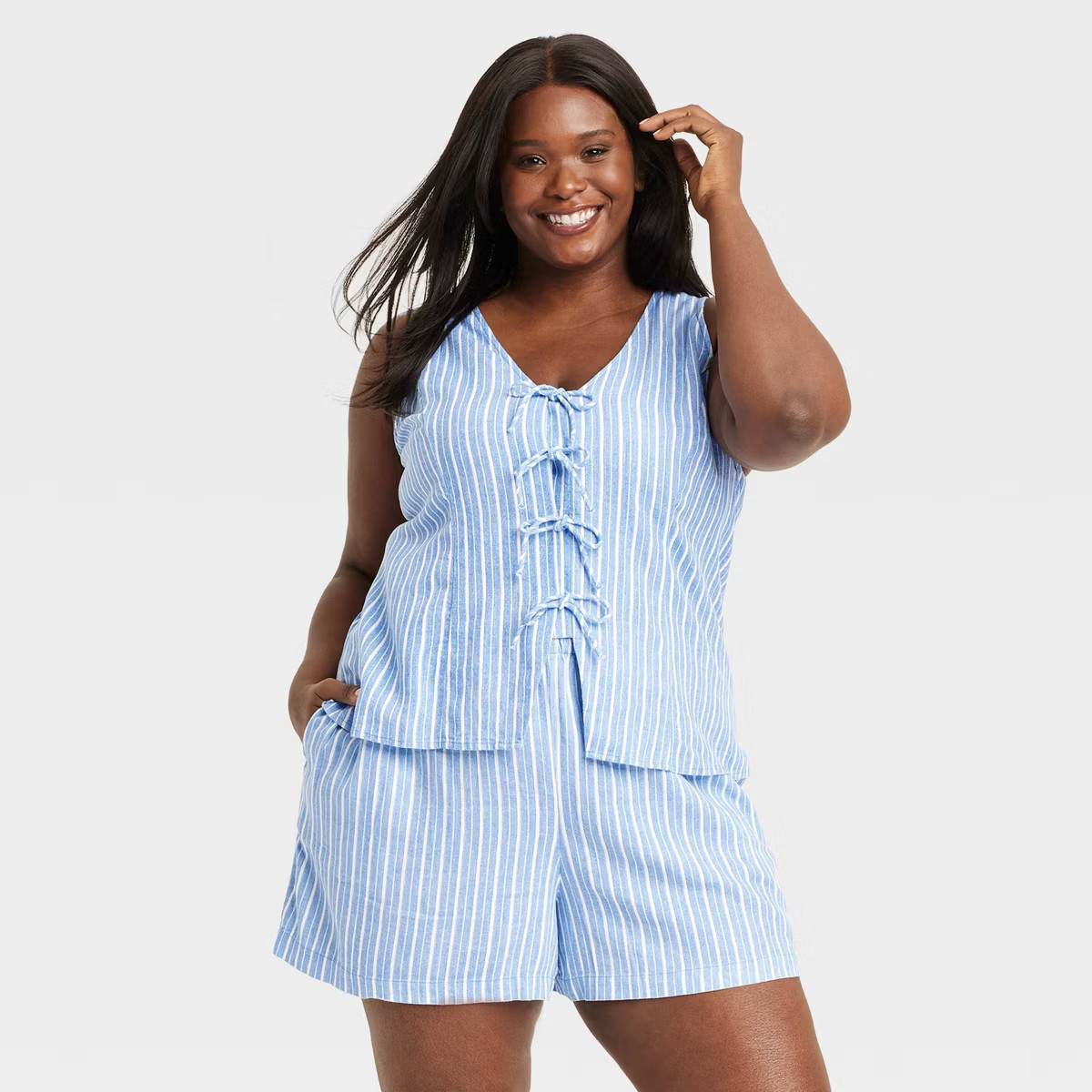 Women's Linen Tie V-Neck Blouse - A New Day™ Blue/White Striped 3X | Target