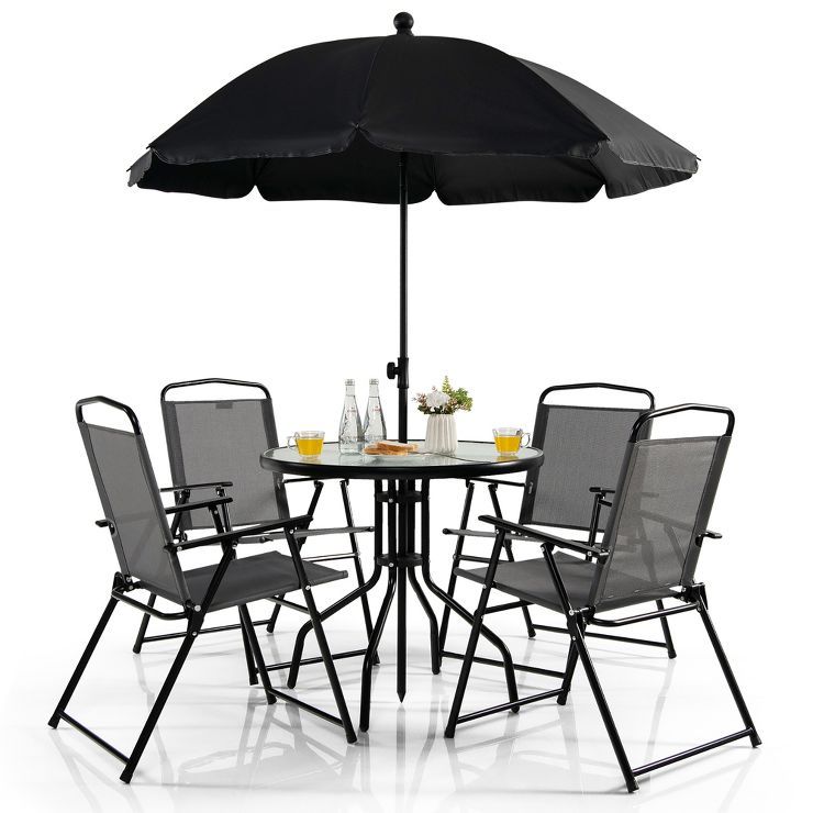 Tangkula 6PCS Patio Garden Dining Set w/ Round Table & 4 Folding Chairs & Tiltable Umbrella | Target