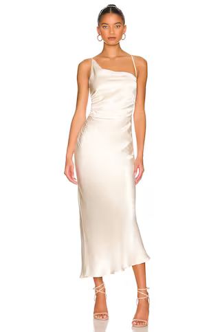 Shona Joy La Lune Asymmetrical Bias Cowl Midi Dress in Cream from Revolve.com | Revolve Clothing (Global)