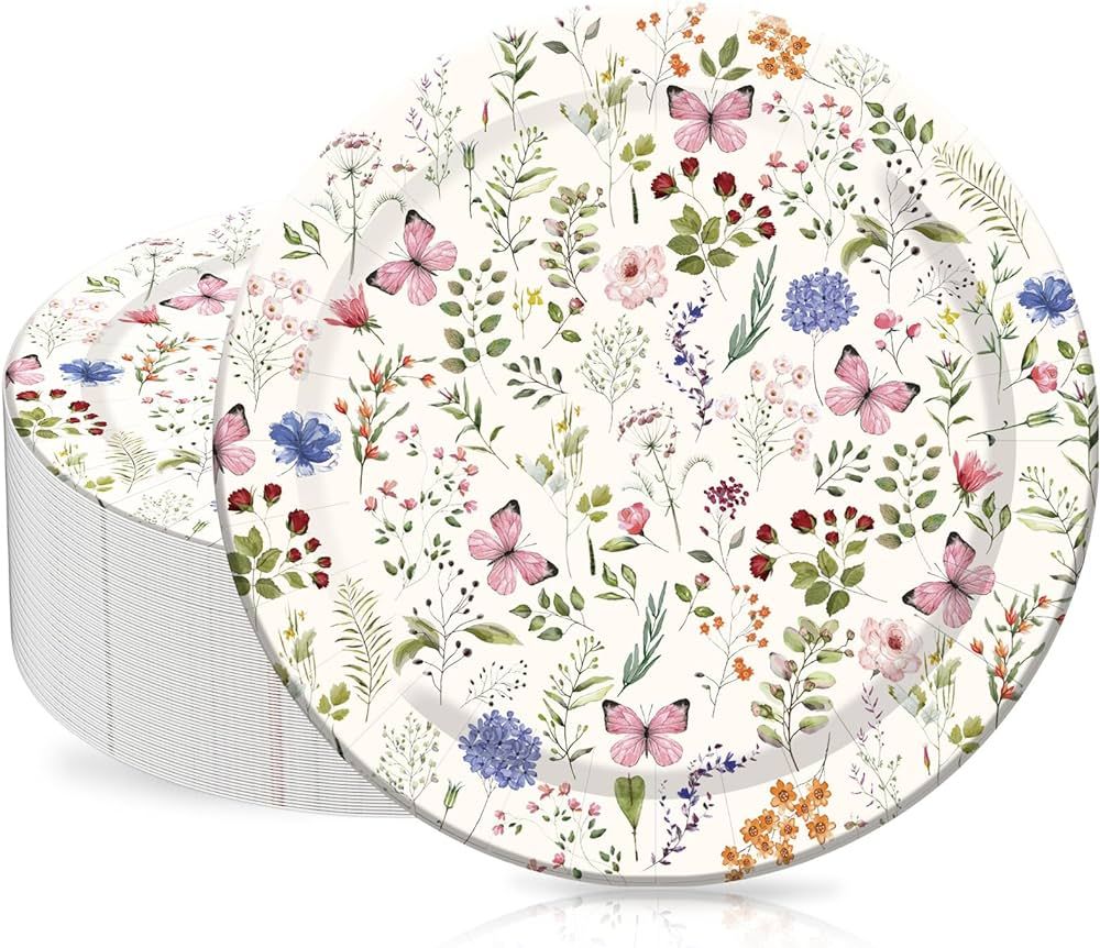 AnyDesign 40Pcs Floral Paper Plates Watercolor Wildflower Butterfly Disposable Plates 9 Inch Deco... | Amazon (US)