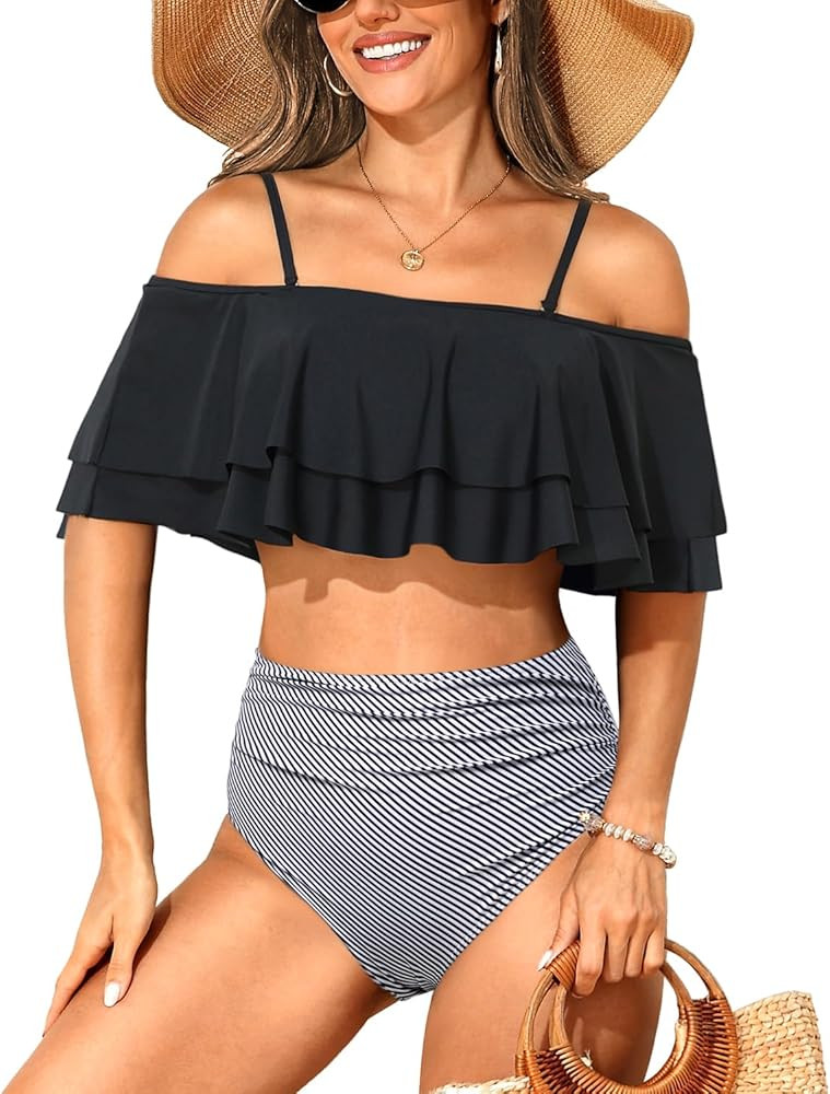 Tempt Me Women Two Piece High Waisted Bikini Set Swimsuit Off Shoulder Ruffle Bathing Suits Tummy... | Amazon (US)