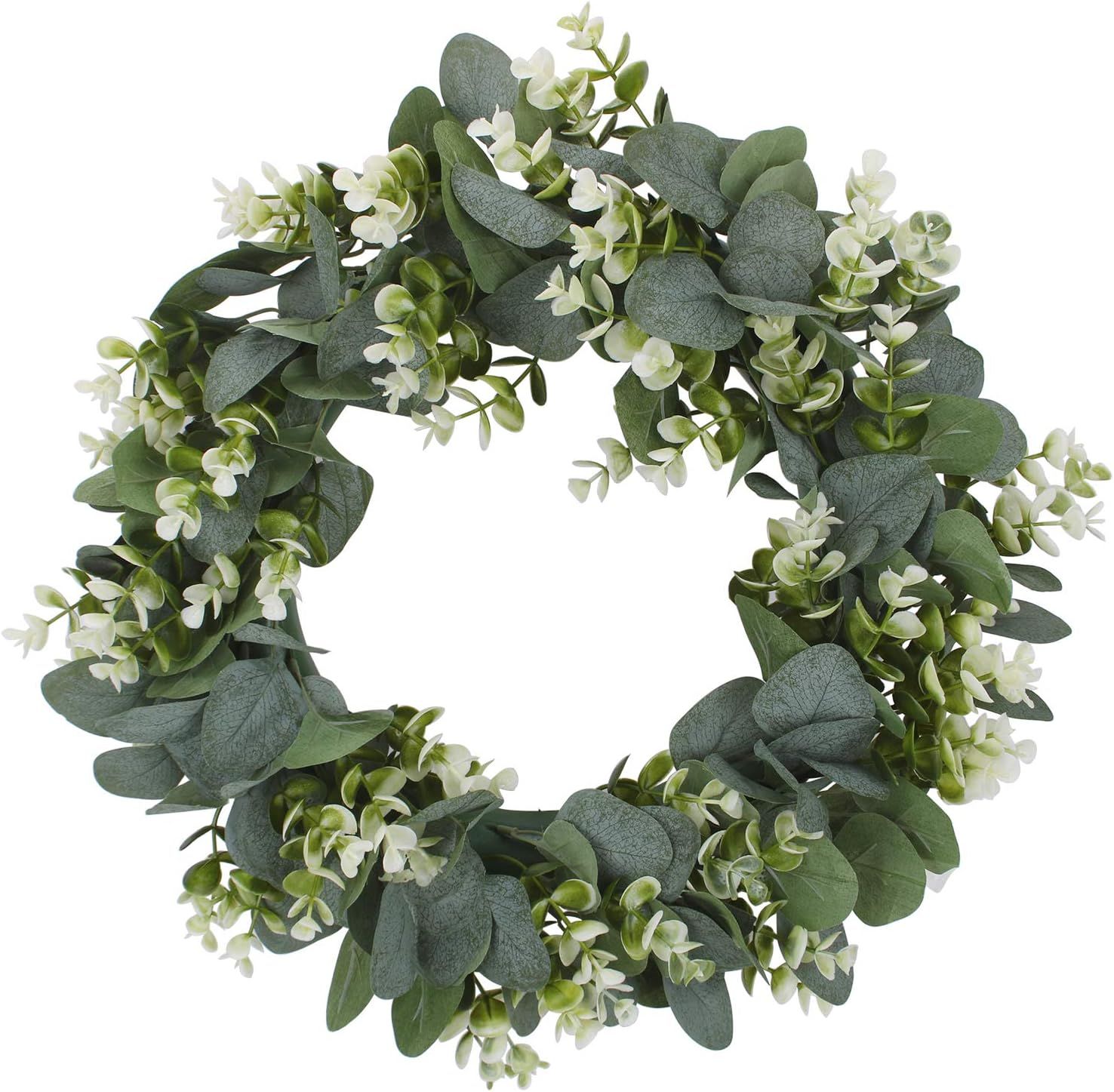Geboor Artificial Eucalyptus Wreath with Flowers 15inch Faux Green Leaves Eucalyptus Wreath for F... | Amazon (US)