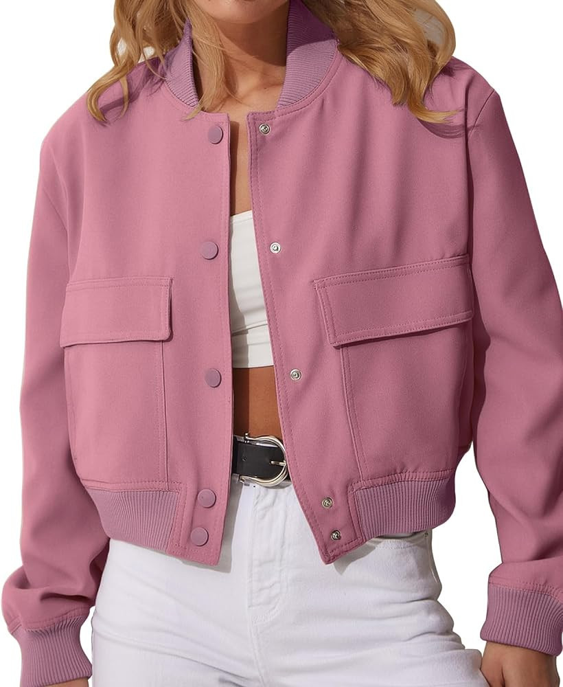 Modegal Women's Varsity Bomber Jackets Long Sleeve Cropped Button Down Casual Coat with Pockets O... | Amazon (US)