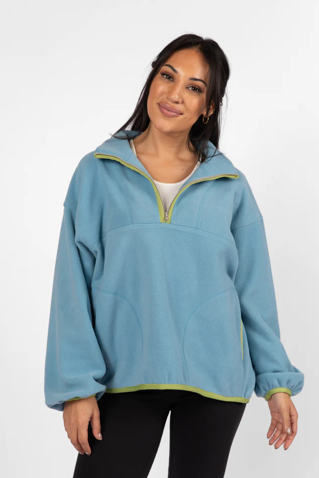 Outside The Box Blue Contrast Trim Fleece Pullover | Pink Lily
