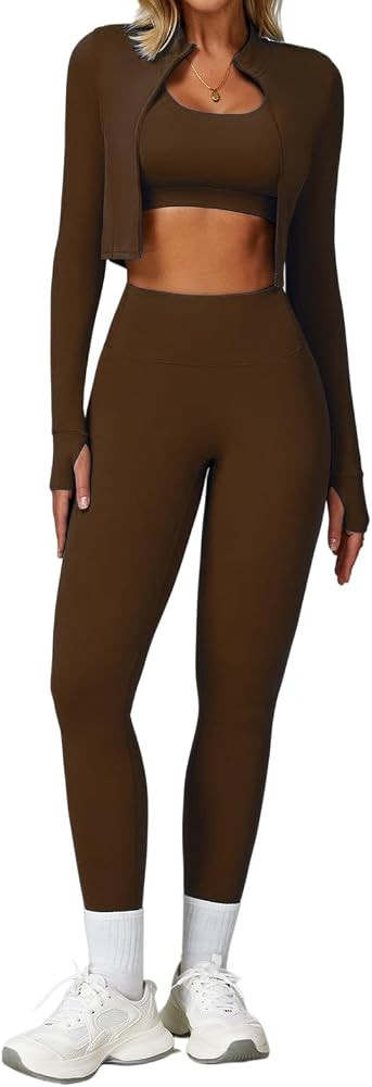 Yknktstc Women 3 Piece Workout Set Athletic Leggings Bra Cropped Jacket | Amazon (US)