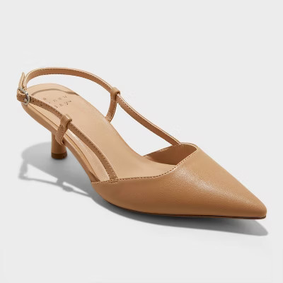 Women's Annette Slingback Kitten Heels with Memory Foam Insole - A New Day™ Tan 8.5: Medium Width, Closed Pointed Toe, Non-Marking Outsole | Target