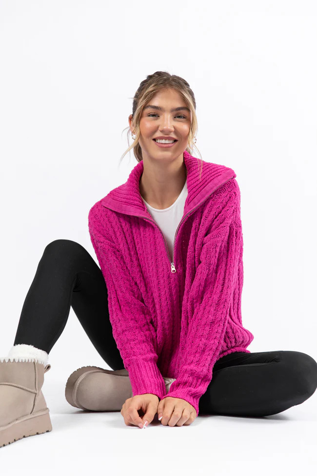Forever Yours Magenta Cable Knit Chenille Quarter Zip Sweater FINAL SALE | Pink Lily
