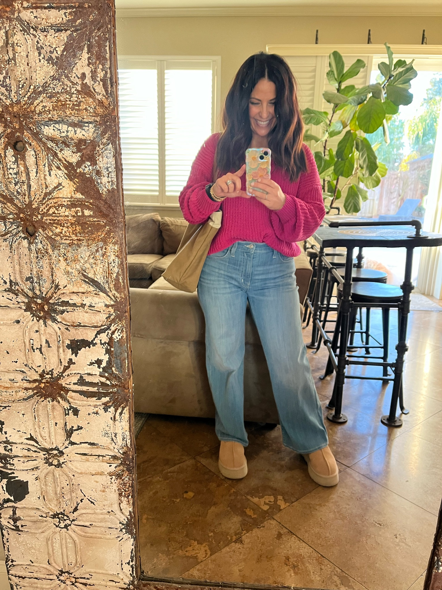 Funny story about my platform Uggs. My daughter told my husband they were what I wanted for Christmas, but really she wanted them! 😂 We wear the same size! We were both in for a surprise Christmas morning when we both got a pair. I didn’t think I’d like the Ugg Tasman slippers, but I love them! I linked a look for less option as well that’s very affordable. My pink chenille sweater is one of my favorites! Perfect for winter and Valentine’s Day! 

Winter ootd
Casual style
Petite jeans 

#LTKShoeCrush #LTKPetite #LTKOver40