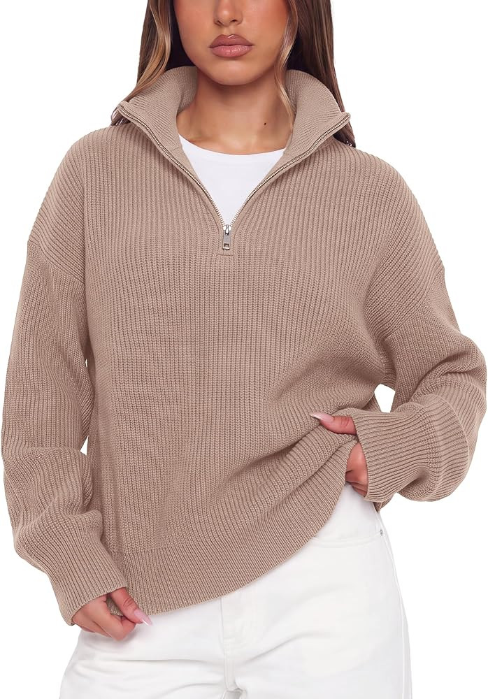 SUUKSESS Women Cashmere Blend Oversized Quarter Zip Pullover Sweater | Amazon (US)