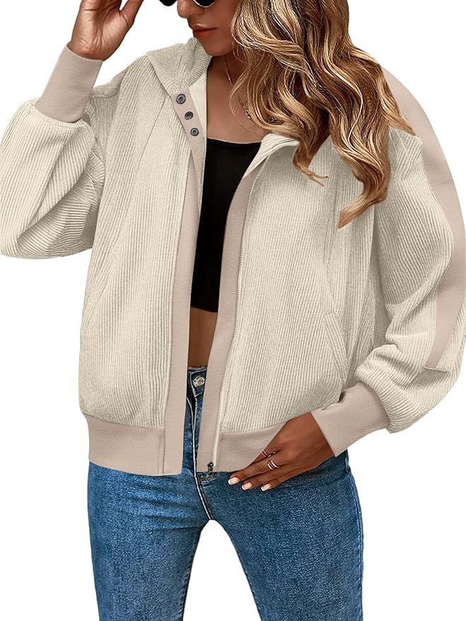 Zeagoo Womens Corduroy Knit Hoodies Zip Up Shirt Jacket Slouchy Short Jackets Casual Long Sleeve ... | Amazon (US)