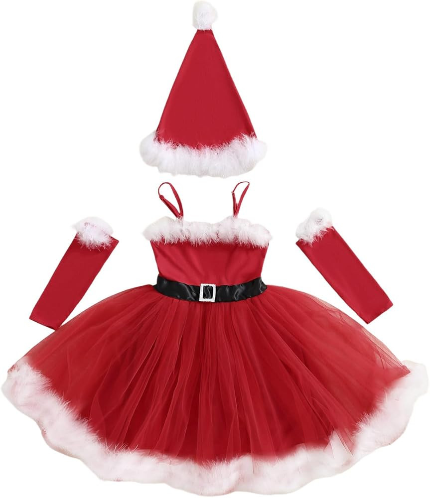 Christmas Toddler Girl Dress Sleeveless Santa One-Piece Dresses Arm Sleeves Hat Set Kids Girls Ch... | Amazon (US)