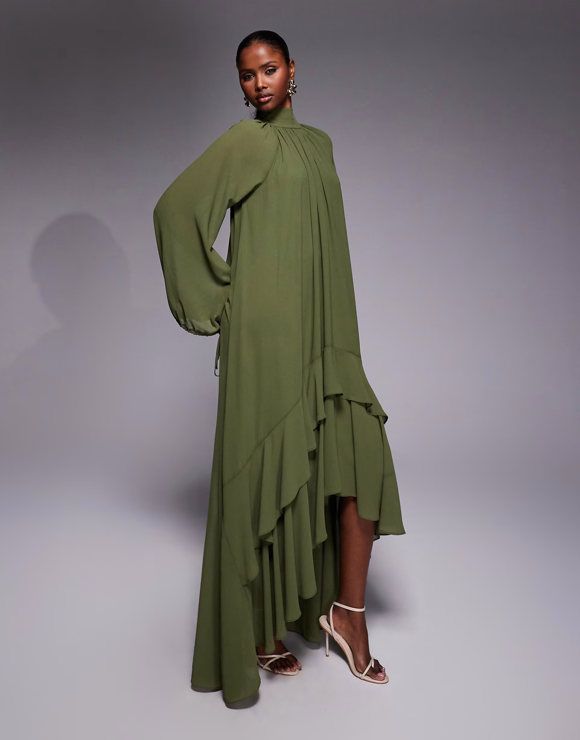 TFNC high neck long sleeve ruffle maxi dress in khaki | ASOS (Global)