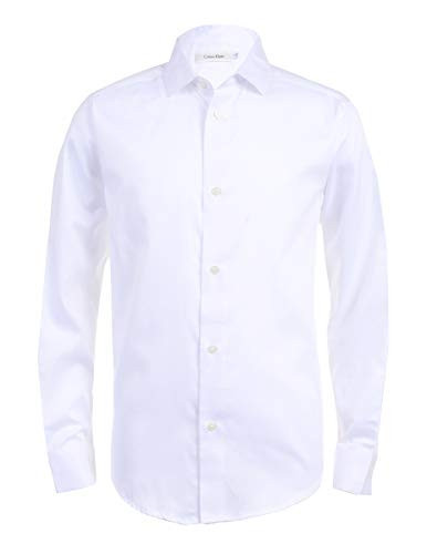 Calvin Klein Boys' Long Sleeve Sateen Dress Shirt, Button-Down Style with Buttoned Cuffs & Shirttail Hem, White, 10-12 Husky | Amazon (US)