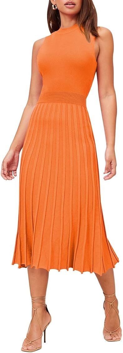 Pink Queen Women's Crew Neck Sleeveless High Waisted Bodycon Pleated Ribbed Swing Knit Midi Dresses | Amazon (US)