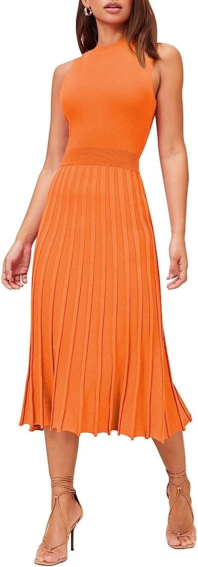 Pink Queen Women's Crew Neck Sleeveless High Waisted Bodycon Pleated Ribbed Swing Knit Midi Dresses | Amazon (US)