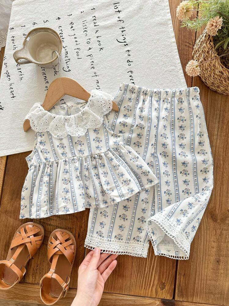 SHEIN LMoss Kids 2pcs Girls Floral Pattern Ruffle Trim Casual Top And Pants Suit, Summer | SHEIN