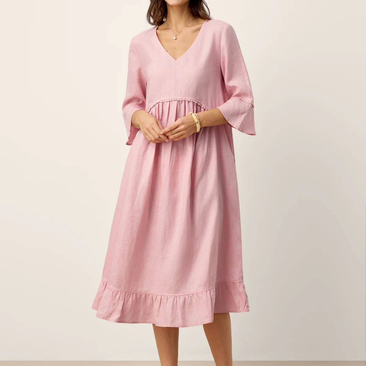 100% Linen V-Neck Ruffle Hem Midi Dress with Crochet Trim MARTHA | LINTICO