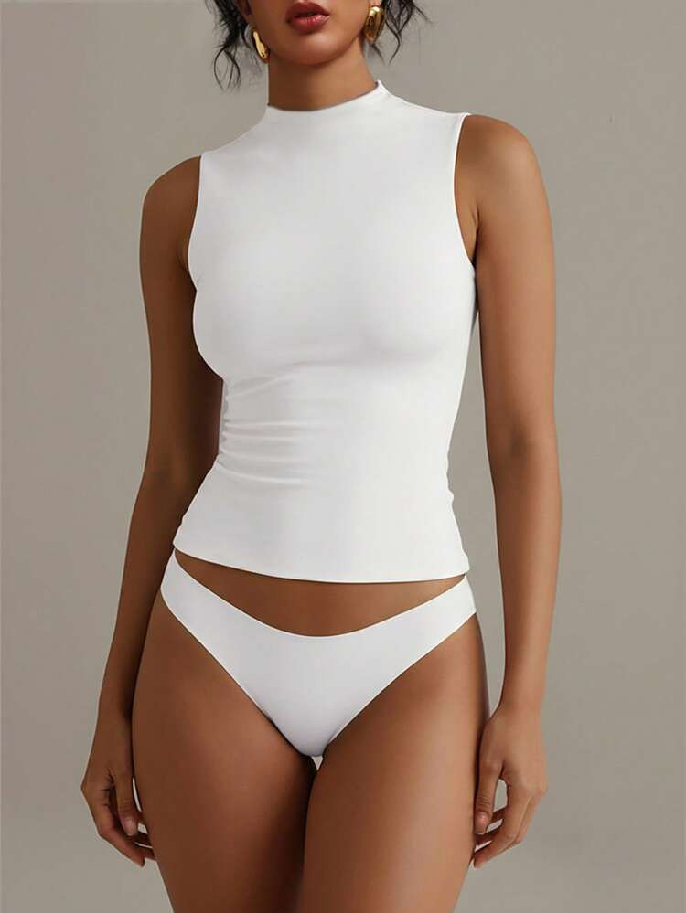 XLLAIS Crew Neck Sleeveless Solid Color White Base Double-Layer Elastic Fitted T-Shirt | SHEIN