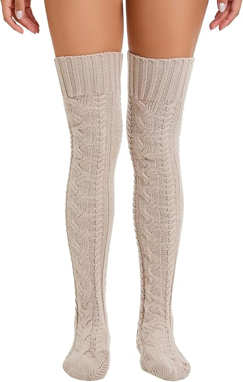 Women's Cable Knitted Thigh High Socks Extra Long Winter Warm Over Knee High Boot Stockings Leg Warm | Amazon (US)