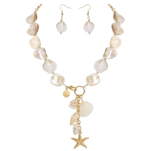 Coiris Natural Seashell Choker Necklaces Earrings Jewelry Set for Women Starfish Shell Freshwater Pearl Collar Necklaces for Women Irregular Mother of Pearl Jewelry Set(ST0023-Nature) | Amazon (US)