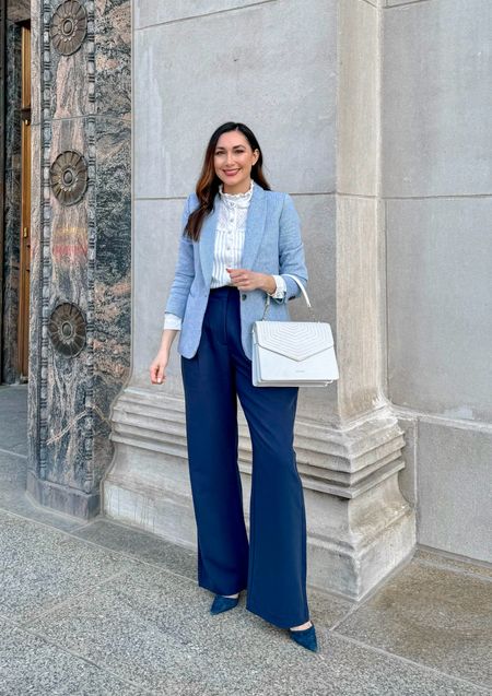 Business professional work outfit 💙🤍

Blue and white herringbone blazer size 4, TTS 
White blouse with pearl buttons size 8, size up fits small
Navy high waisted wide leg pants size 27 long curve love, slightly big but wouldn’t size down, longs perfect for heels at 5’7”, regular length better with flats 
Navy heels size 7 (linked similar)

Work wear 
Spring work outfit 


#LTKSeasonal #LTKstyletip #LTKworkwear